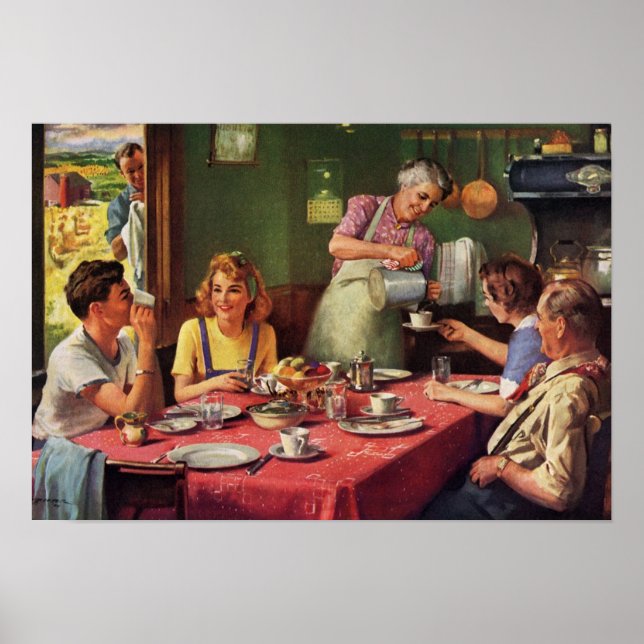 Vintage Family Eating Breakfast in the Kitchen Poster (Front)