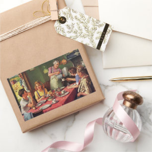 Vintage Family Eating Breakfast in the Kitchen Rectangular Sticker