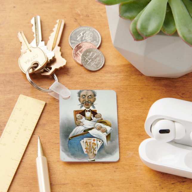 Vintage Family, Father with Babies and Poker Hand Key Ring (Desk)
