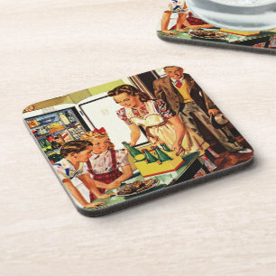 Vintage Family in the Kitchen Mom Dad Kids Snack Coaster