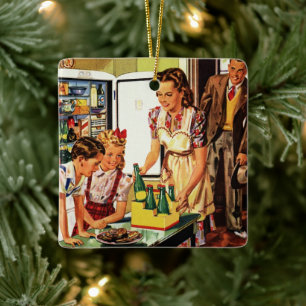Vintage Family in the Kitchen Mum Dad Kids Snack Ceramic Tree Decoration