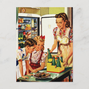 Vintage Family in the Kitchen Mum Dad Kids Snack Postcard