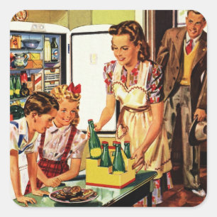 Vintage Family in the Kitchen Mum Dad Kids Snack Square Sticker