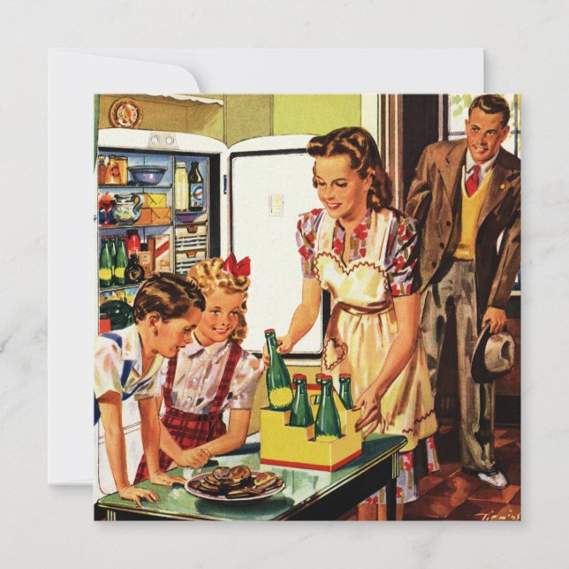 Vintage Family, Mum with Kids, Snacks in Kitchen  Invitation (Front)