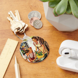Vintage Family, Mum with Kids, Snacks in Kitchen  Key Ring