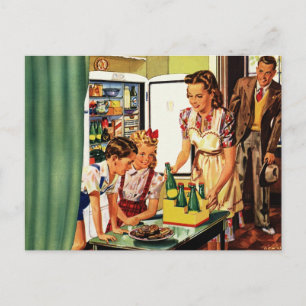 Vintage Family, Mum with Kids, Snacks in Kitchen  Postcard