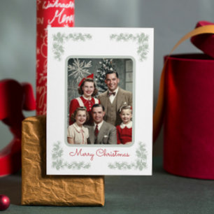 Vintage Family Photo Green Pine Frame Christmas Holiday Postcard