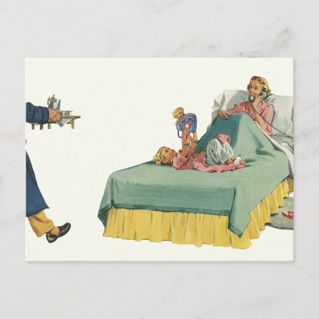 Vintage Family Serving Mom Breakfast in Bed Postcard (Front)