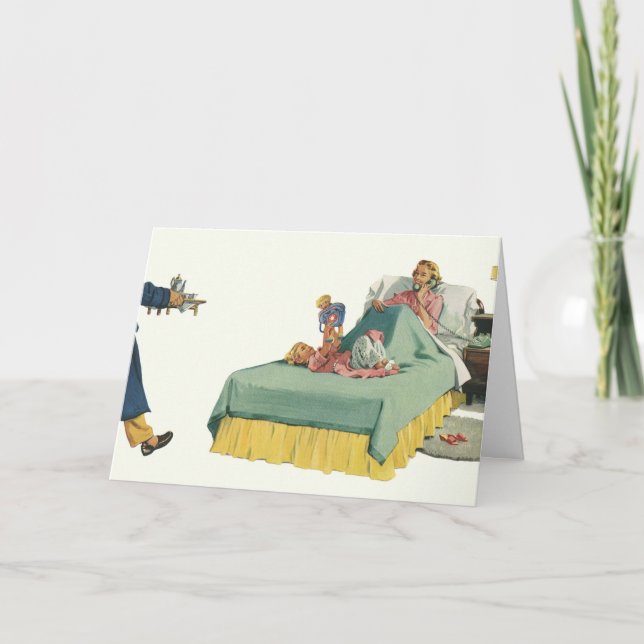 Vintage Family Serving Mum Breakfast in Bed Card (Front)
