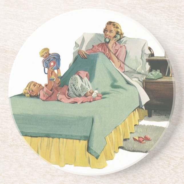 Vintage Family Serving Mum Breakfast in Bed Coaster (Front)