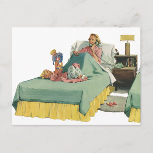 Vintage Family Serving Mum Breakfast in Bed Postcard