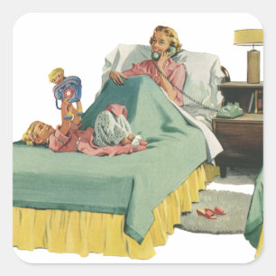 Vintage Family Serving Mum Breakfast in Bed Square Sticker