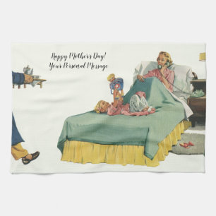 Vintage Family Serving Mum Breakfast in Bed Tea Towel