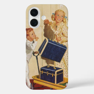 Vintage Family Vacation, Dad, Kids and Suitcases iPhone 16 Case