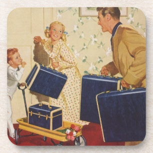 Vintage Family Vacation, Dad, Kids and Suitcases Coaster