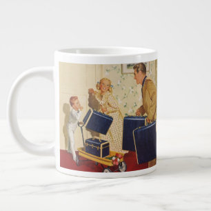 Vintage Family Vacation, Dad, Kids and Suitcases Large Coffee Mug