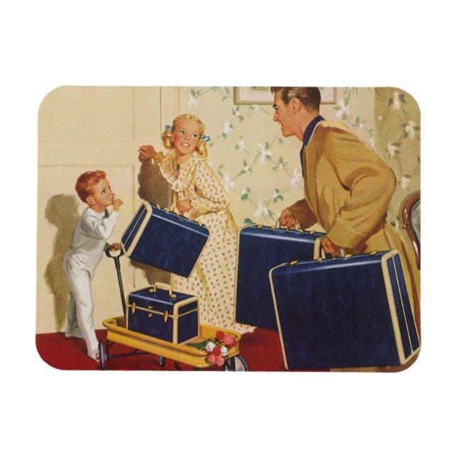 Vintage Family Vacation, Dad, Kids and Suitcases Magnet (Horizontal)