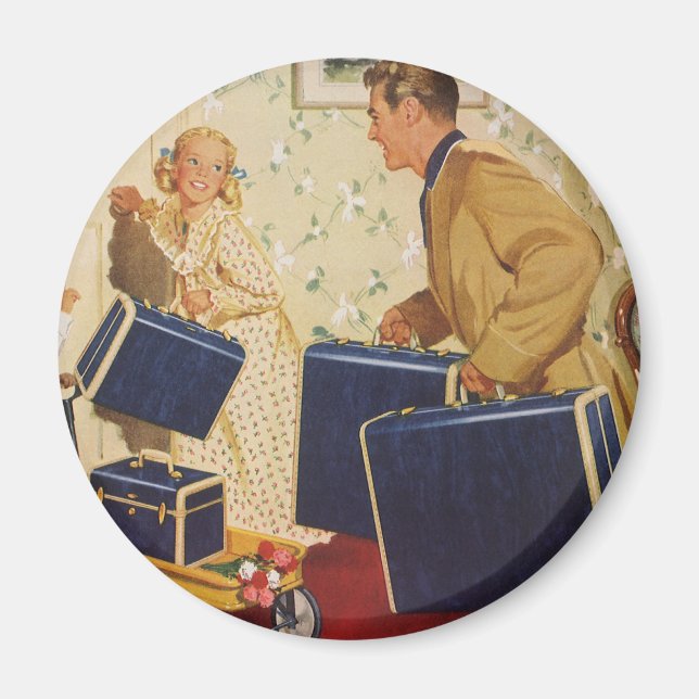 Vintage Family Vacation, Dad, Kids and Suitcases Magnet (Front)