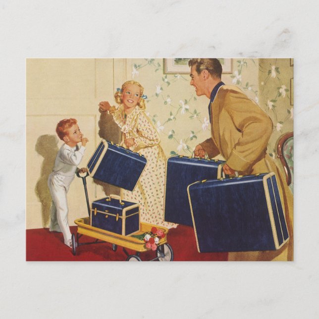 Vintage Family Vacation, Dad, Kids and Suitcases Postcard (Front)