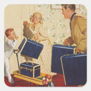 Vintage Family Vacation, Dad, Kids and Suitcases Square Sticker