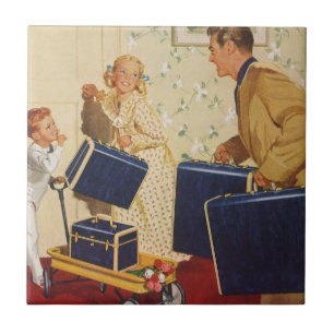 Vintage Family Vacation, Dad, Kids and Suitcases Tile