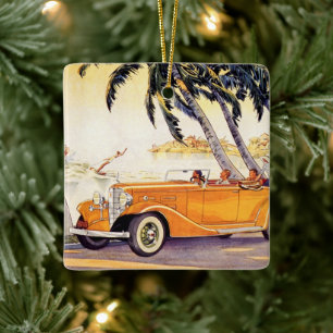 Vintage Family Vacation in a Convertible Car Ceramic Tree Decoration