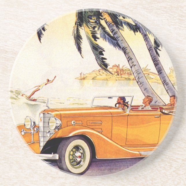 Vintage Family Vacation in a Convertible Car Coaster (Front)