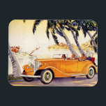 Vintage Family Vacation in a Convertible Car Magnet<br><div class="desc">Vintage illustration travel and transportation image featuring a family travelling in an orange antique convertible automobile along the Florida coast. A woman is water skiing and palm trees are swaying in the gentle breeze.</div>