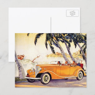 Vintage Family Vacation in a Convertible Car Postcard