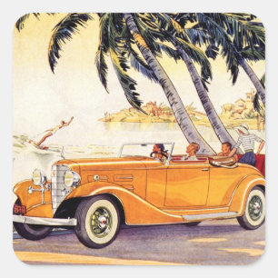 Vintage Family Vacation in a Convertible Car Square Sticker