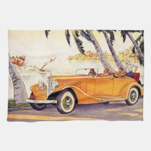 Vintage Family Vacation in a Convertible Car Tea Towel