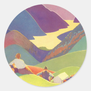 Vintage Family Vacation, Picnic in the Mountains Classic Round Sticker