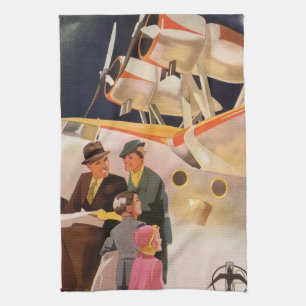 Vintage Family Vacation Via Seaplane w Propellers Tea Towel