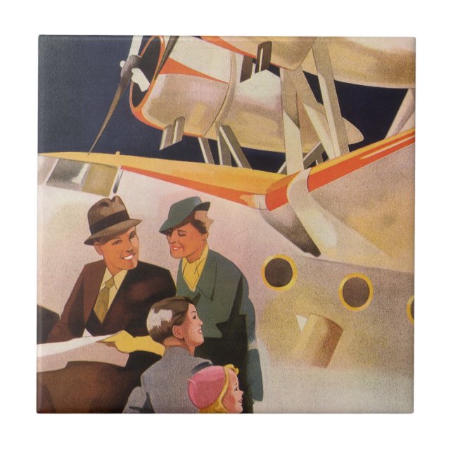 Vintage Family Vacation Via Seaplane w Propellers Tile (Front)