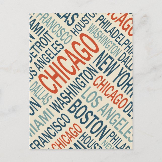 Vintage Famous Cities USA Word Cloud Postcard (Front)