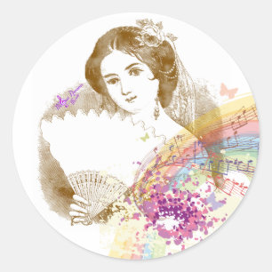 Vintage Fan Lady Classic Round Stickers