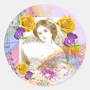 Vintage Fan Lady Music & Flowers Round Stickers