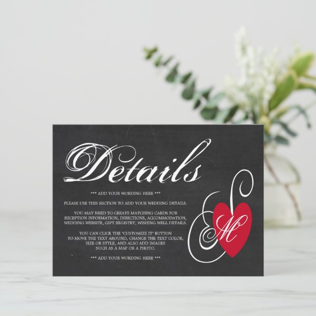 Vintage Fancy Heart - Chalkboard Wedding Detail Enclosure Card (Standing Front)