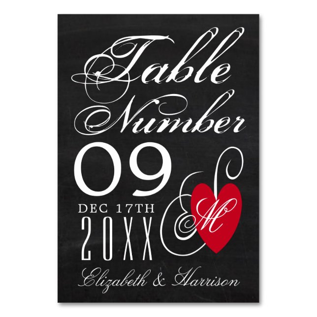 Vintage Fancy Heart - Chalkboard Wedding Table Number (Front)