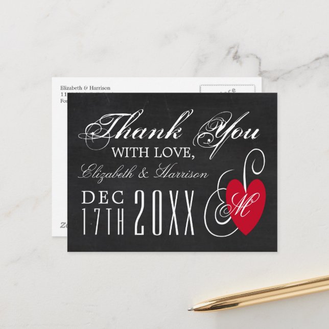 Vintage Fancy Heart - Chalkboard Wedding Thank You Postcard (Front/Back In Situ)