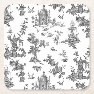 Vintage Fantastic Fountains and Trees Toile-B & W Square Paper Coaster