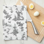 Vintage Fantastic Fountains and Trees Toile-B & W Tea Towel<br><div class="desc">Historic seamless adaptation of a John Munn English engraved toile de jouy textile pattern ca 1770s featuring a classic monument to Shakespeare,  fountains,  birds and exotic florals. Black on white background.</div>
