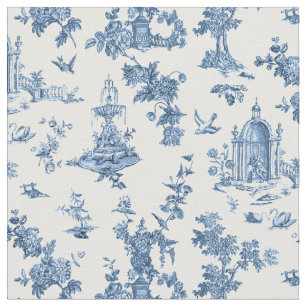 Vintage Fantastic Fountains and Trees Toile-Blue Fabric