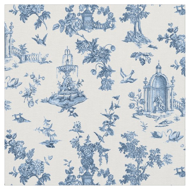 Vintage Fantastic Fountains and Trees Toile-Blue Fabric (Close Up)
