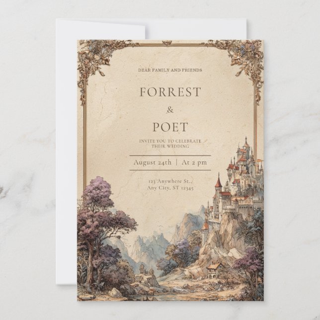 Vintage Fantasy Castle Mountain Floral Wedding Invitation (Front)