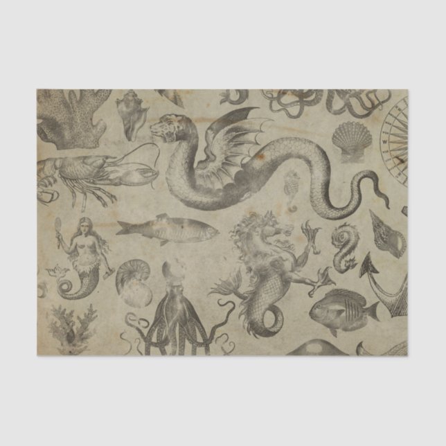 Vintage Fantasy Mermaid Water Creatures Tissue Paper (Front)