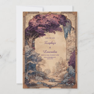 Vintage Fantasy Purple Tree Castle Wedding Invitation
