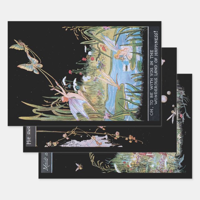 Vintage Fantasy Woodland Fairies and Elves Wrapping Paper Sheet (Set)