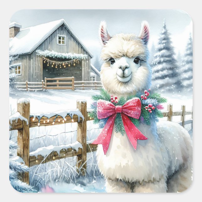Vintage Farm and Cute Alpaca Christmas  Square Sticker (Front)