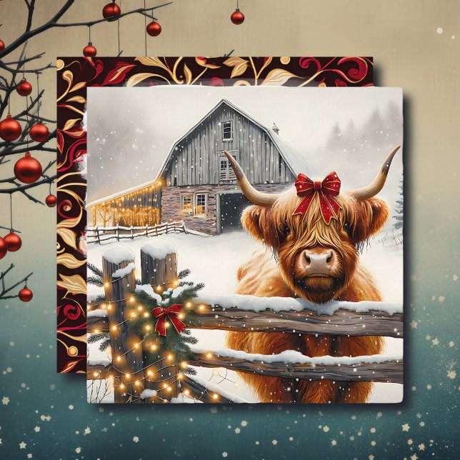Vintage Farm and Cute Highland Cow Christmas  Card (Creator Uploaded)